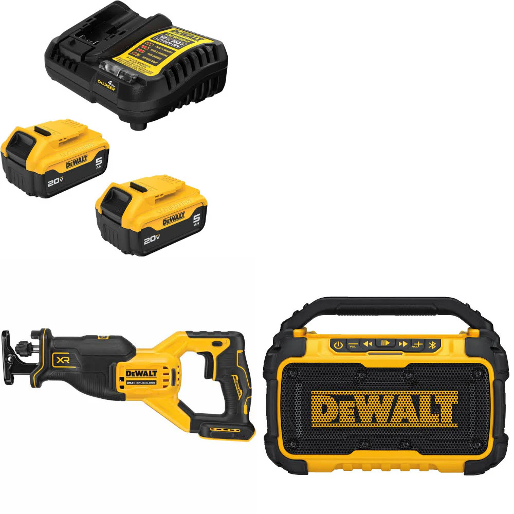 DeWalt DCB205-2C 20V MAX Starter Kit W/ DCS382B 20V Recip Saw & 12V/20V Speaker - Moutools
