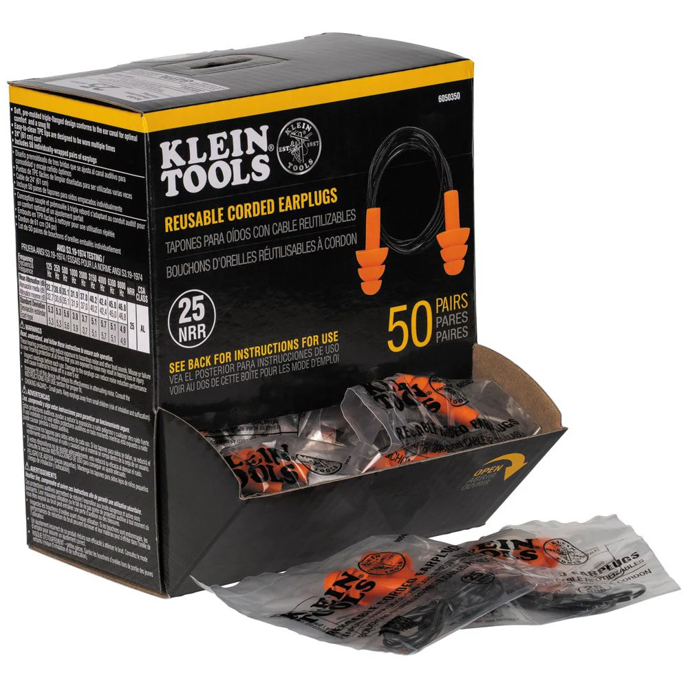 Klein 6050350 Corded Earplugs, 50-Pair Dispenser Pack - Moutools