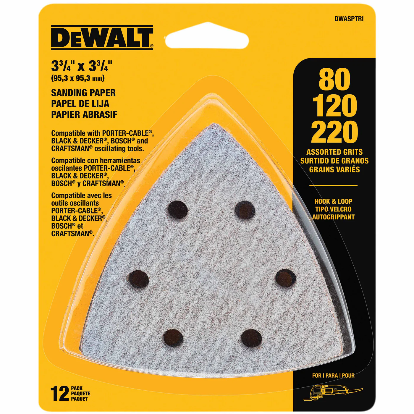 DeWalt DWASPTRI Hook And Loop Triangle Sandpaper Assorted - 12 PK - Moutools