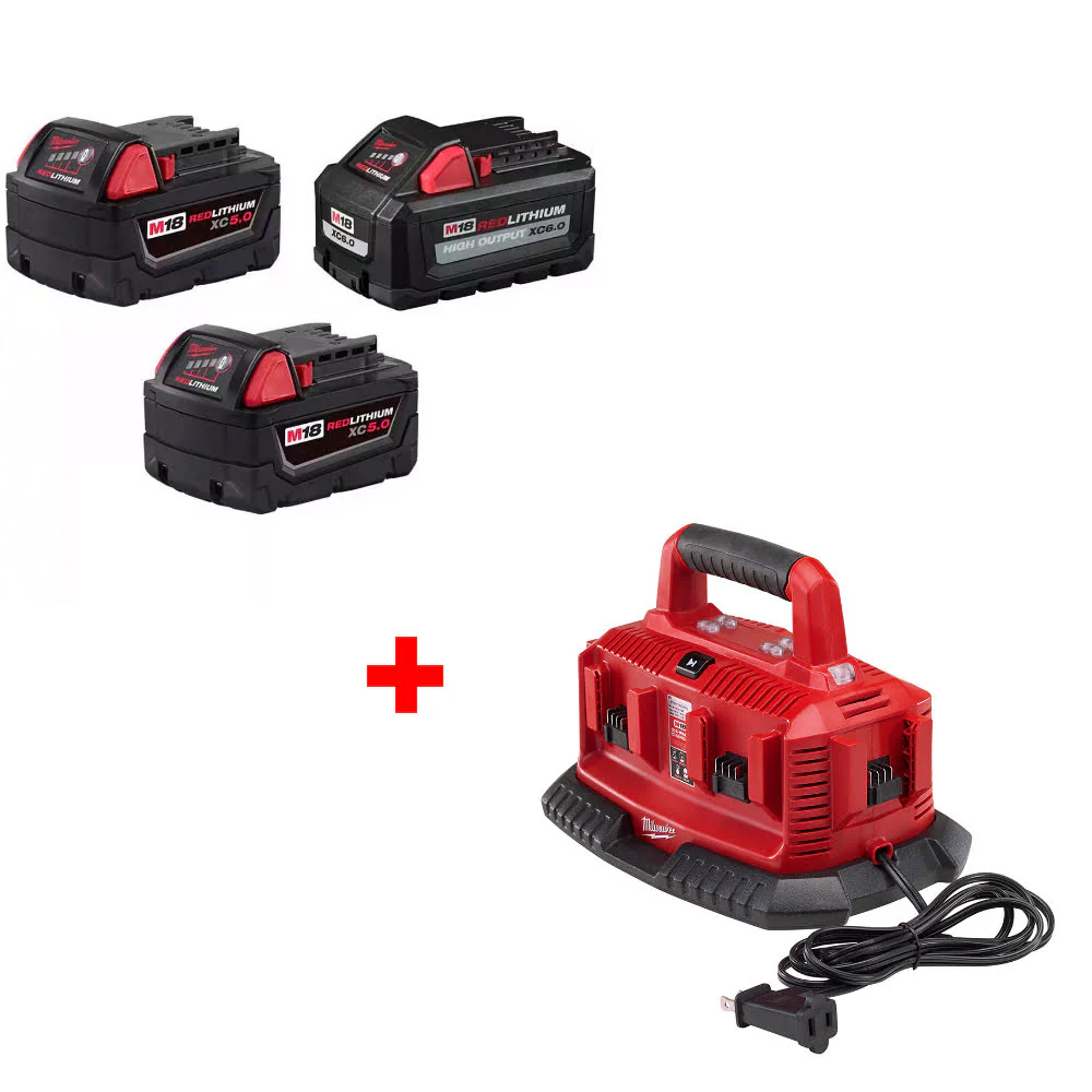 Milwaukee 48-11-1856 M18 Battery 3-Pack W/ FREE 48-59-1806 M18 6-Pack Charger - Moutools