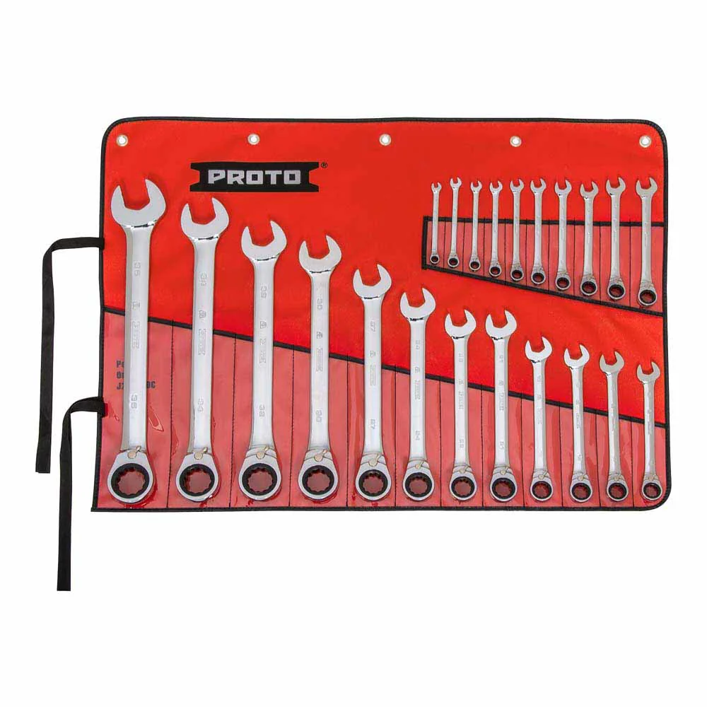Proto JSCVMT-22S 22-Piece Full Polish Metric Combination Reversible Ratcheting Wrench Set - 12 Point - Moutools