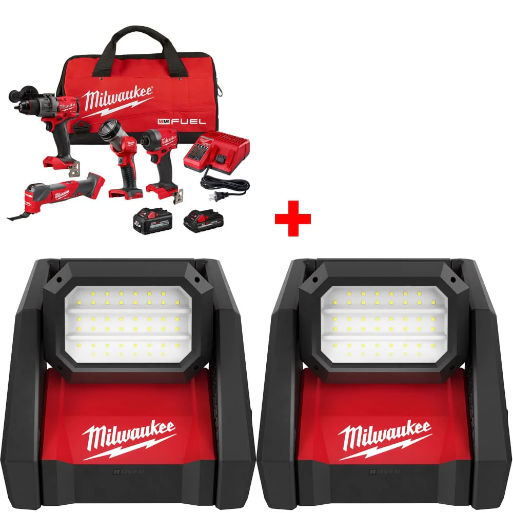 Milwaukee 3698-24MT M18 4-Tool Combo Kit w/ FREE 2366-20 M18 Flood Light, 2-Pack - Moutools