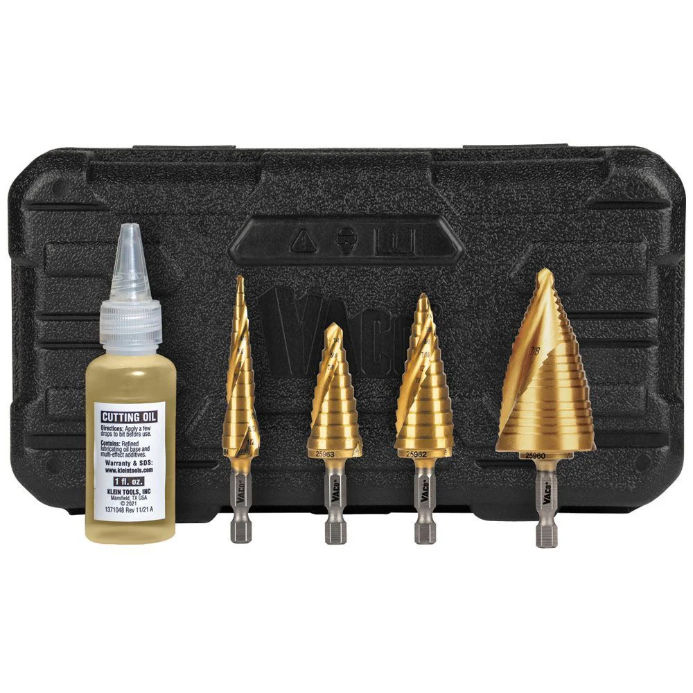 Klein 25950 Step Bit Kit, Spiral Double-Fluted, VACO, 4-Piece - Moutools