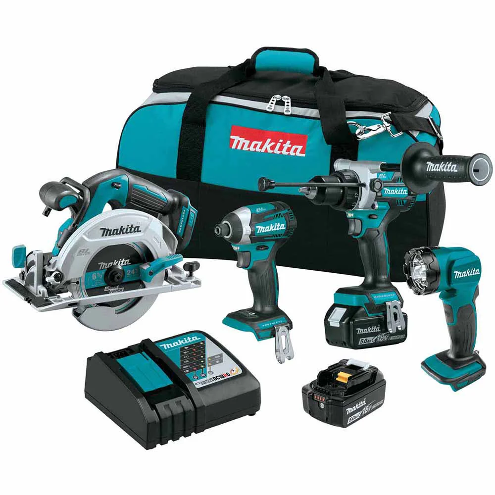 Makita XT452T 18V LXT Lithium-Ion Brushless Cordless 4 Pc. Combo Kit, XPH14Z, XDT14Z, XSH03Z, DML815, bag (5.0Ah) - Moutools