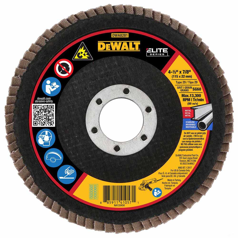 DeWalt DWA8281 ELITE SERIES 4-1/2 X 7/8 60G T29 Flap Disc - Moutools