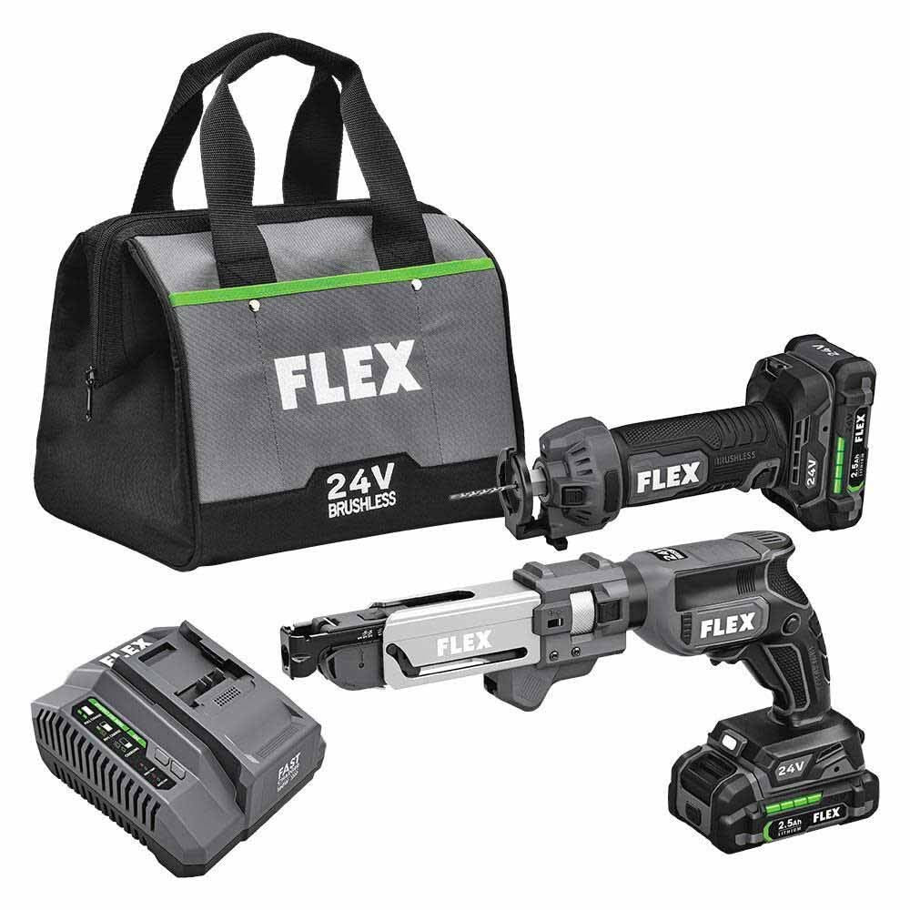 Flex FXM203-2A 24V Brushless 2 Tool Combo Kit Drywall Screw Gun with magazine and Cut Out Tool - Moutools