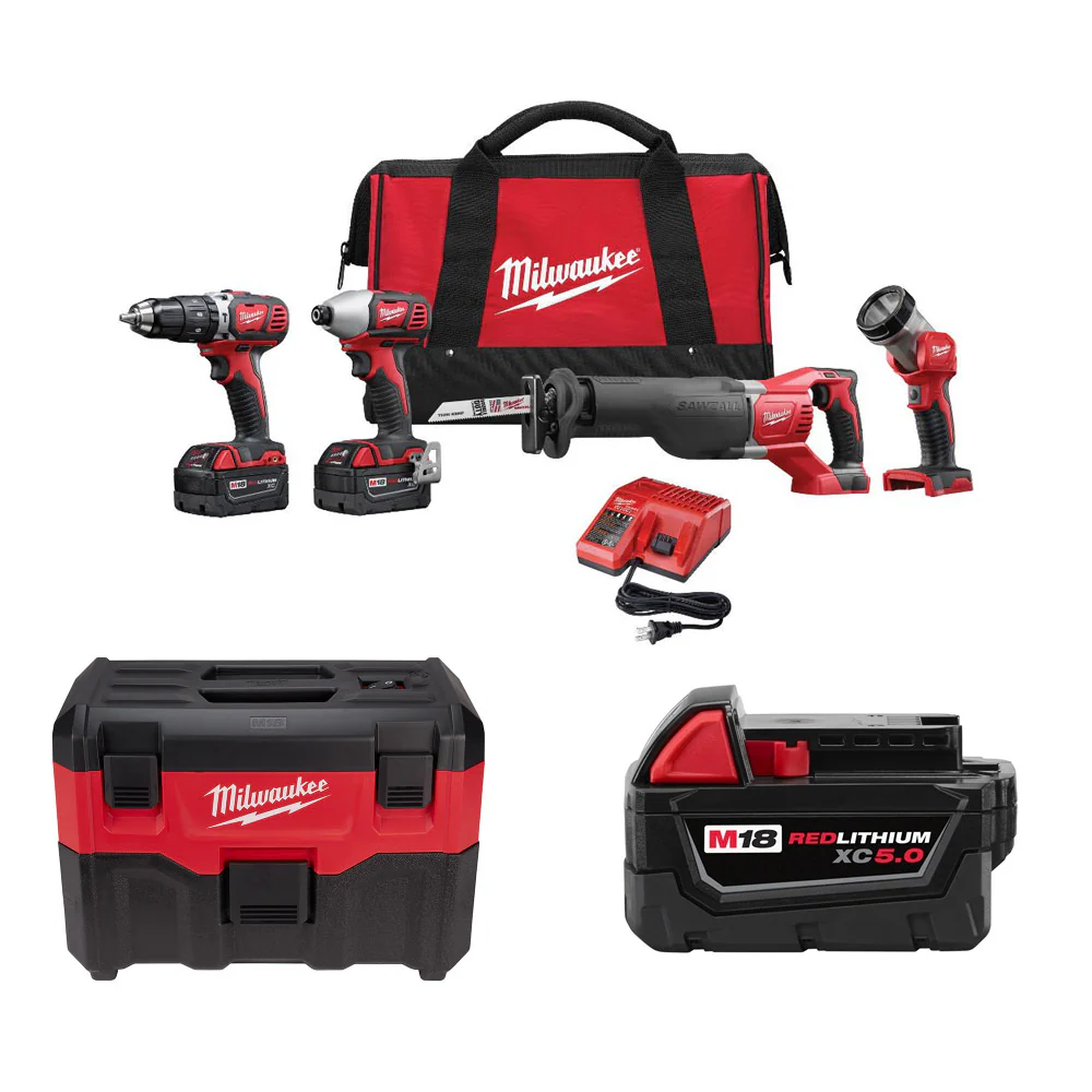 Milwaukee 2696-24 M18 4-Tool Combo Kit w/ FREE 0880-20 Wet/Dry Vacuum & Battery - Moutools