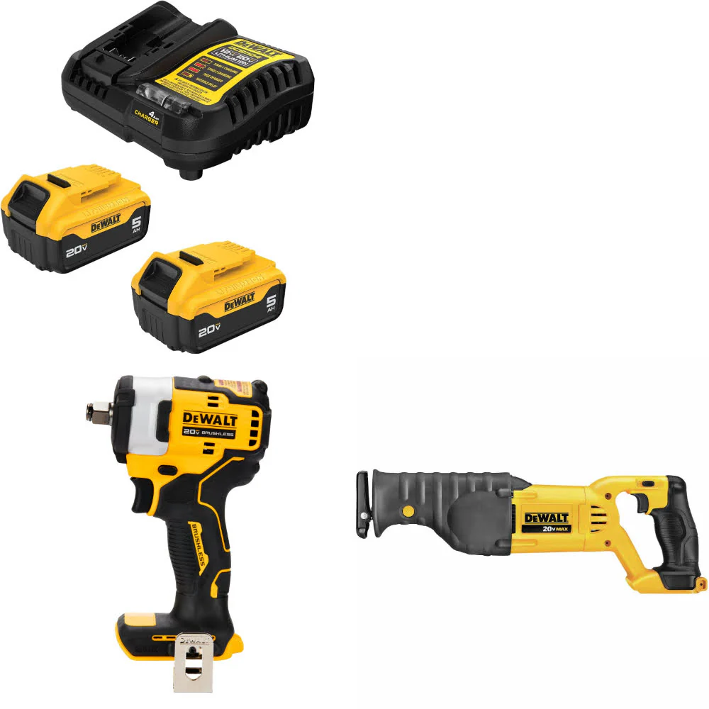 DeWalt DCB205-2C 20V Starter Kit W/ DCF911B 20V Impact Wrench & Recip Saw, Bare - Moutools