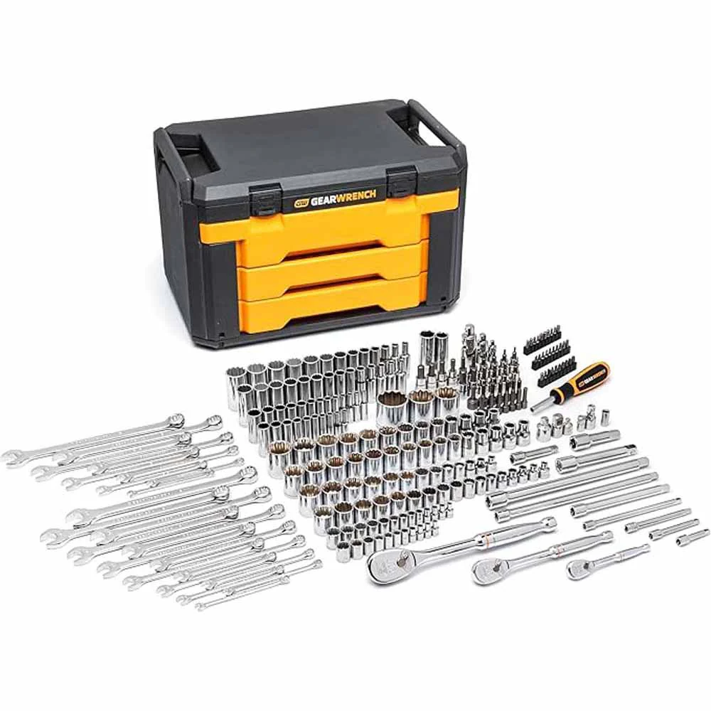 GearWrench 80966 243 Pc. 6 Point Mechanics Tool Set in 3 Drawer Storage Box - Moutools