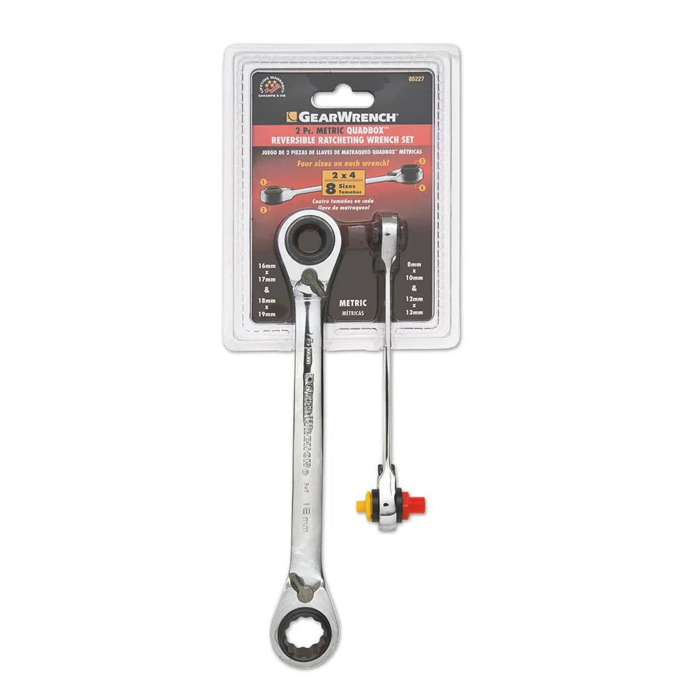 GearWrench 85227 2 Pc. 72-Tooth 12 Point QuadBox Reversible Ratcheting Metric Wrench Set - Moutools