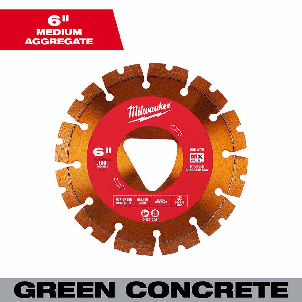 Milwaukee 49-93-7264 Orange 6” x .100” Diamond Blade for Green Concrete - Moutools