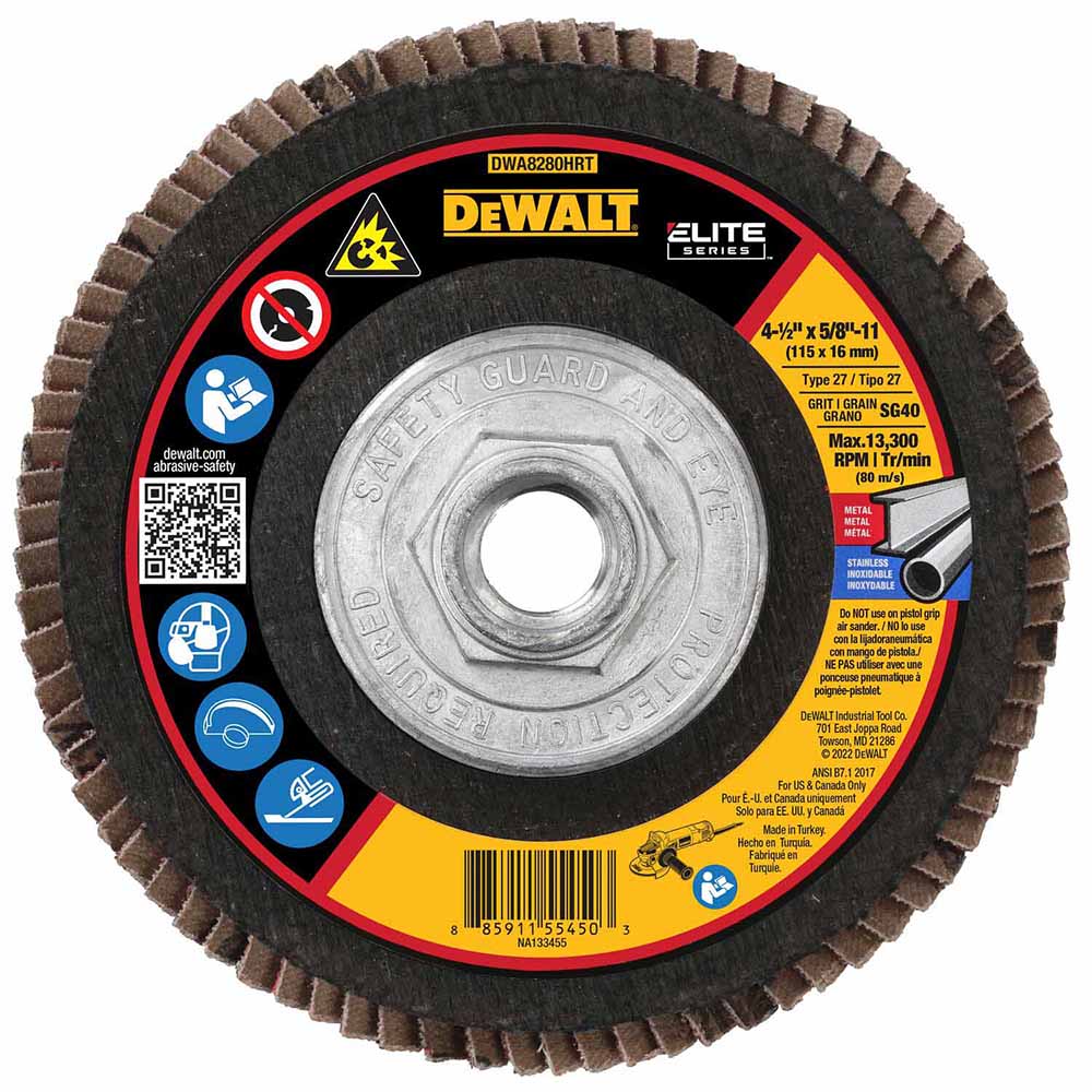 DeWalt DWA8280HRT ELITE SERIES 4-1/2 X 5/8-11 40G T27 High Density Flap Disc - Moutools