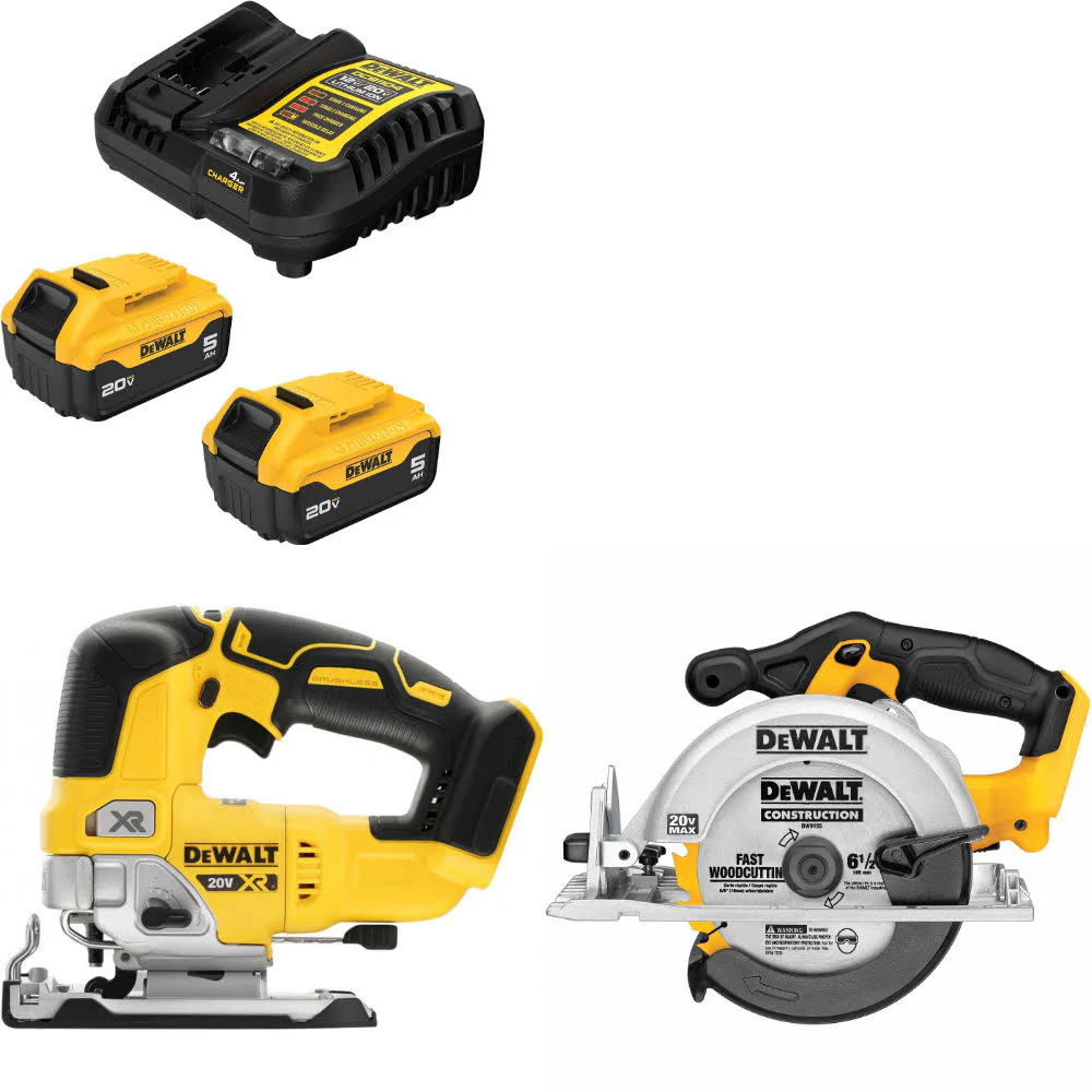 DeWalt DCB205-2C 20V Max Starter Kit W/ DCS334B 20V Jig Saw & Circ Saw, Bare - Moutools