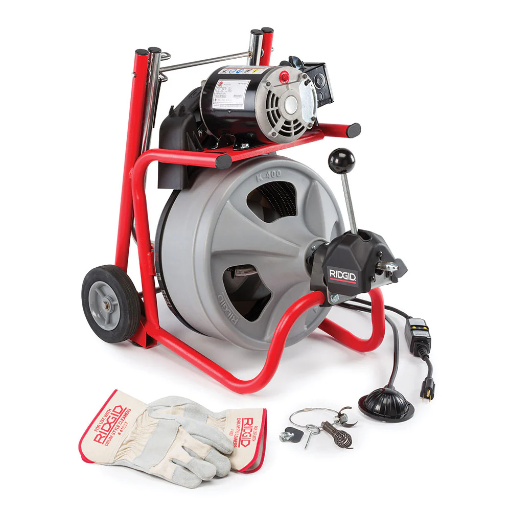 RIDGID 27013 K-400 Drum Machine with C-45 IW Cable, Gloves, & Autofeed - Moutools