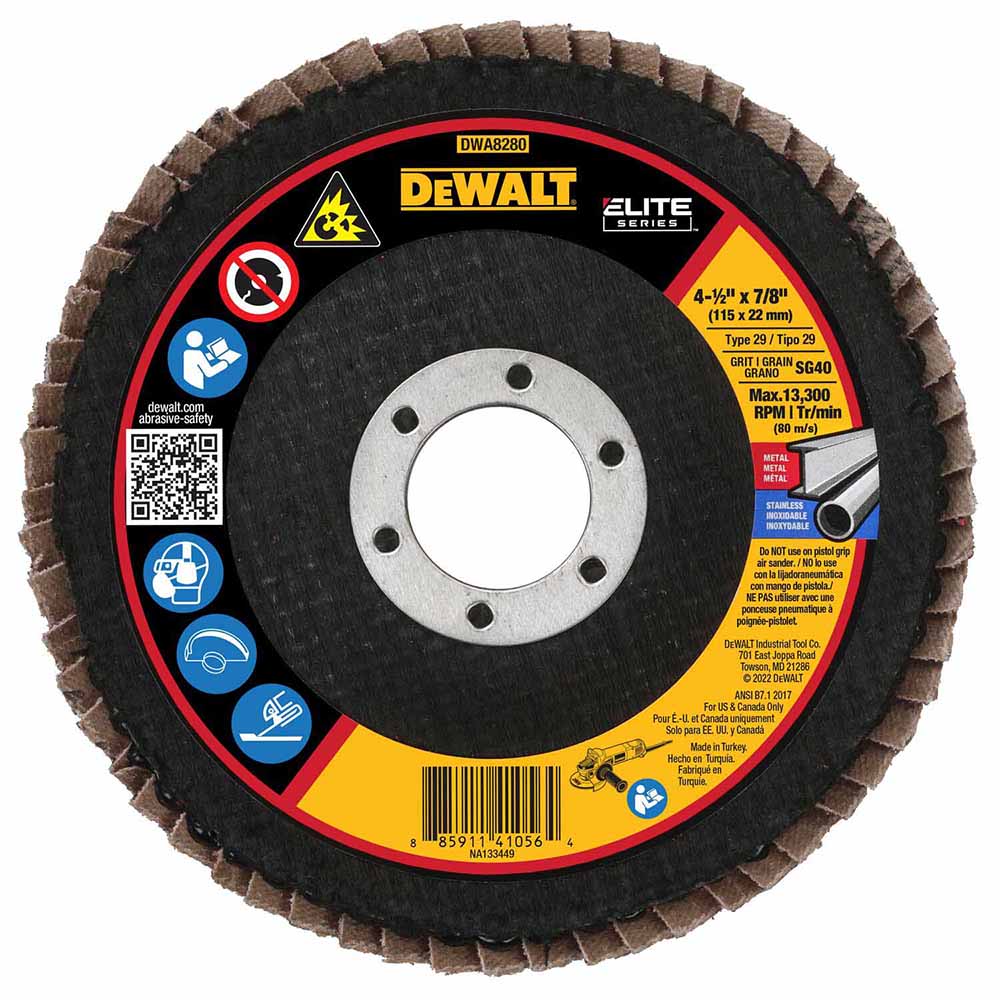 DeWalt DWA8280 ELITE SERIES 4-1/2 X 7/8 40G T29 Flap Disc - Moutools