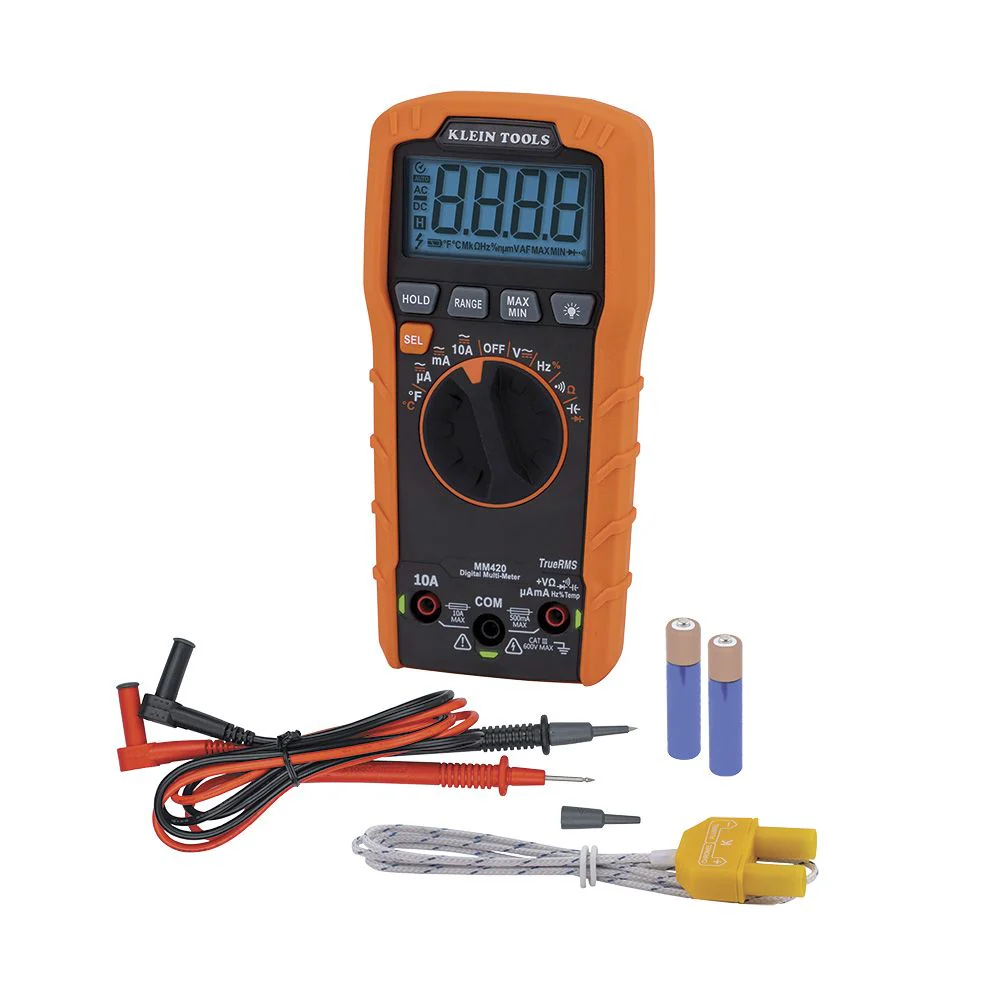 Klein MM420 Digital Multimeter, TRMS Auto-Ranging, 600V, Temp - Moutools
