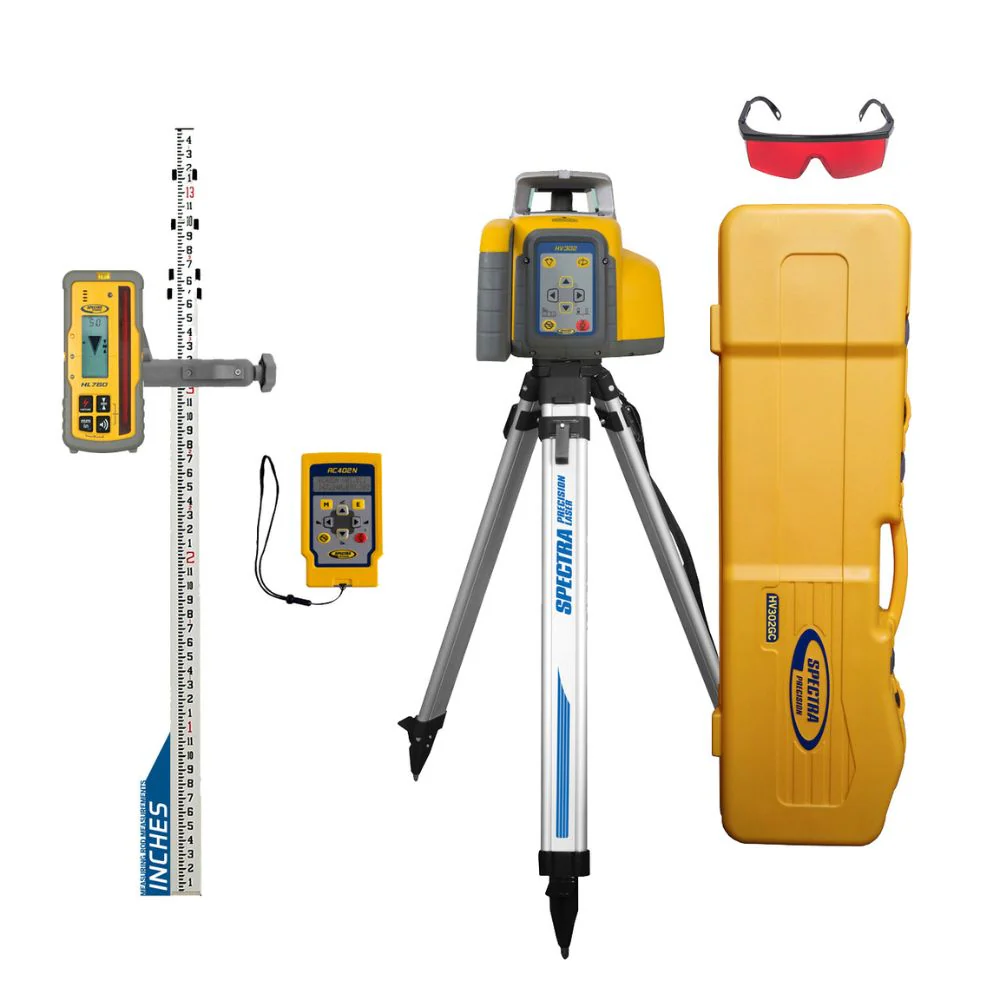 Spectra HV302GC-2 Horiz/Vert - Interior/Exterior Red Beam Laser GC Package with Remote, HL760 Receiver, Rod (Inches) and Tripod - Moutools