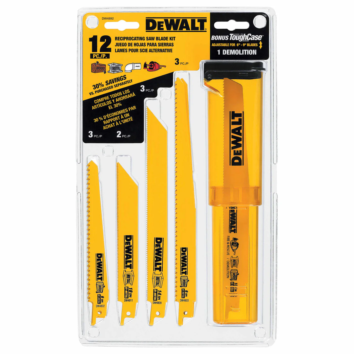 DeWalt DW4892 12 Piece Bi-Metal Reciprocating Saw Blade Set with Telescoping Case - Moutools