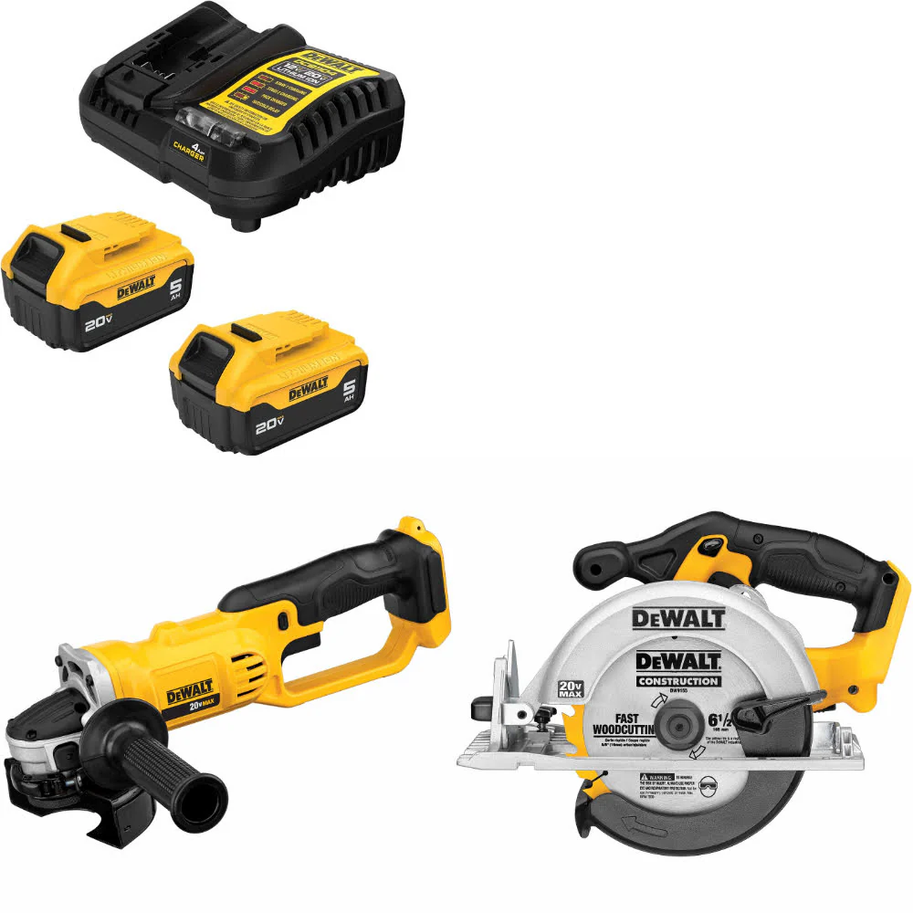 DeWalt DCB205-2C 20V Starter Kit W/ FREE DCG412B 20V Cut-Off Tool & Circ Saw - Moutools