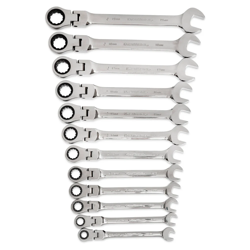 GearWrench 9901D 12 Pc. 72-Tooth 12 Point Flex Head Ratcheting Combination Metric Wrench Set - Moutools
