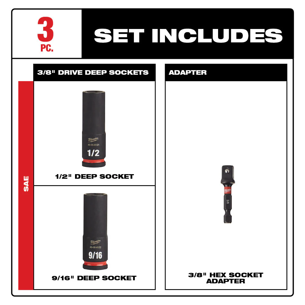 Milwaukee 49-66-4417 Shockwave 3 PC SAE Thin Wall Deep Impact Socket Set, 1/2