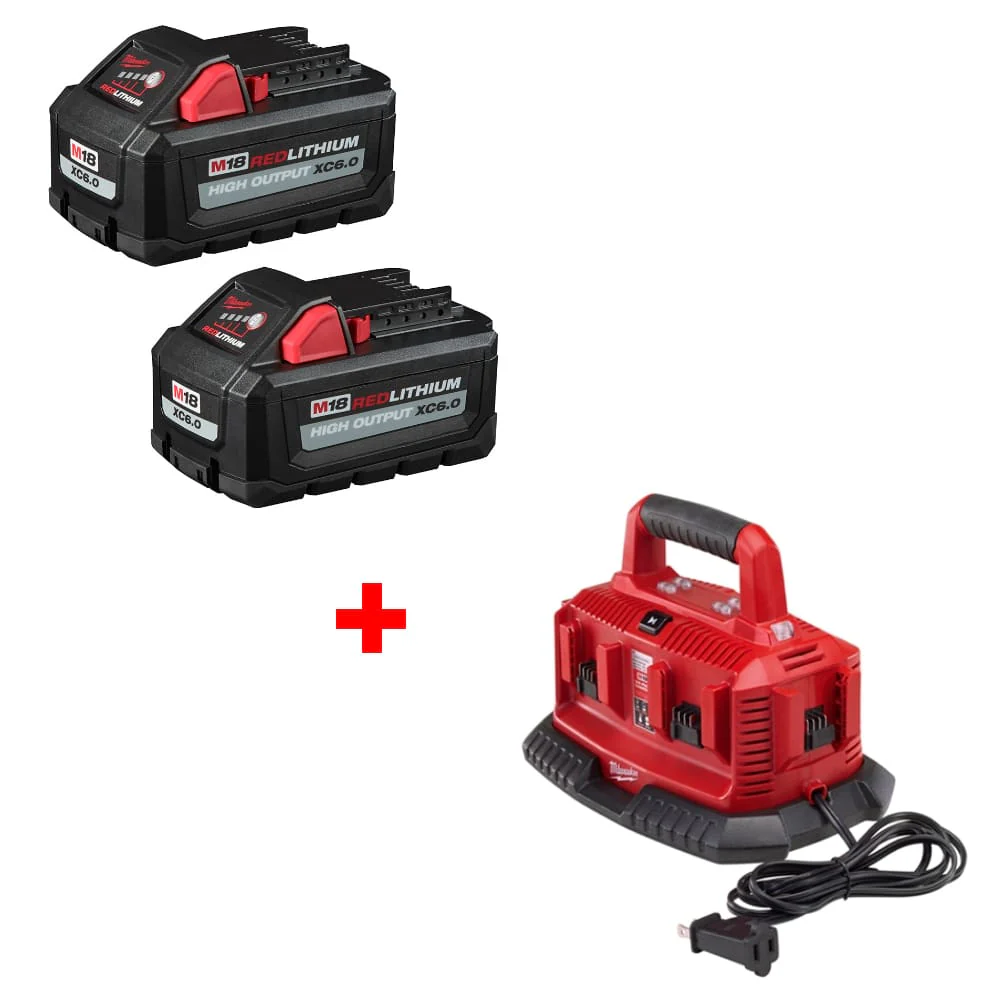 Milwaukee 48-11-1862 M18 XC6.0 Battery 2Pk w/ FREE 48-59-1806 M18 6Pk Charger - Moutools