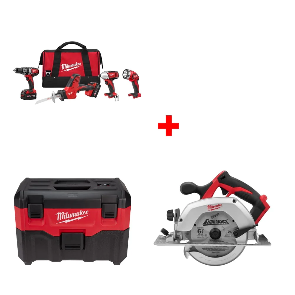 Milwaukee 2695-24 M18 4-Tool Combo Kit w/ FREE 0880-20 Wet/Dry Vacuum & Circ Saw - Moutools