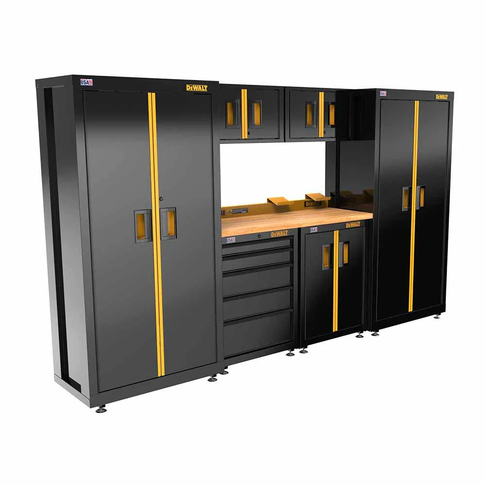 DeWalt DWST27501 Welded Storage Suite: 126-in Wide, 7 Piece Suite with 2-Door and 5-Drawer Base Cabinets and Wood Top - Moutools