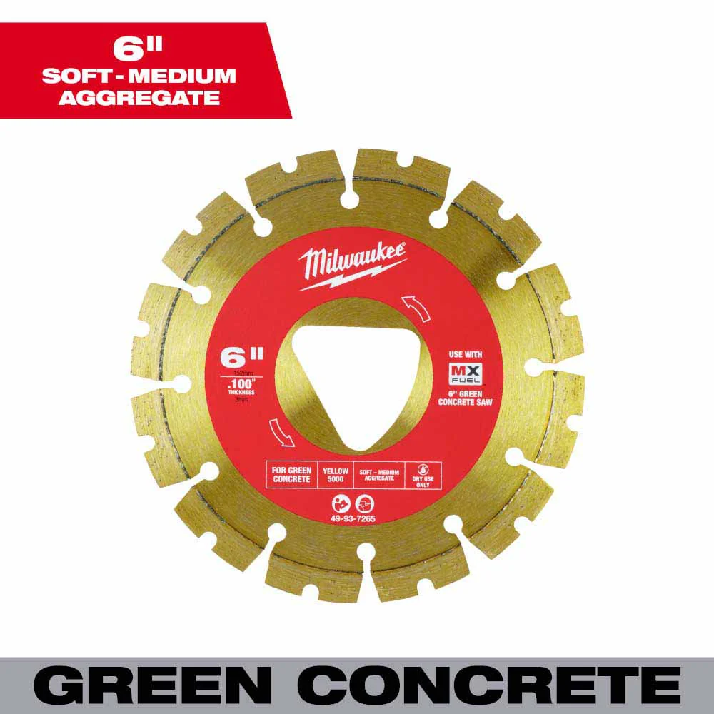 Milwaukee 49-93-7265 Yellow 6” x .100” Diamond Blade for Green Concrete - Moutools