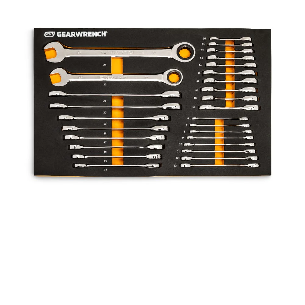 GearWrench 86527 28 Pc. 72-Tooth 12 Point Metric Standard & Stubby Combination Ratcheting Wrench Set with EVA Foam Tray - Moutools