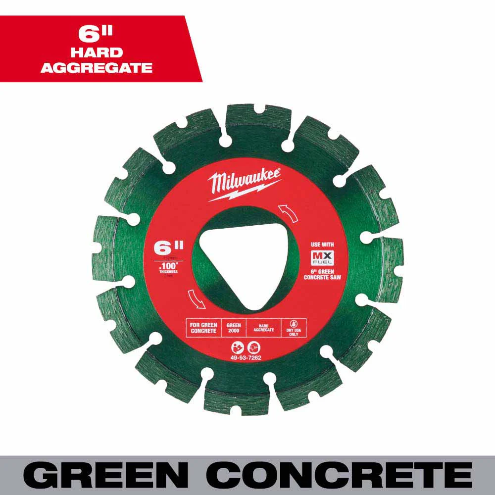 Milwaukee 49-93-7262 Green 6” x .100” Diamond Blade for Green Concrete - Moutools