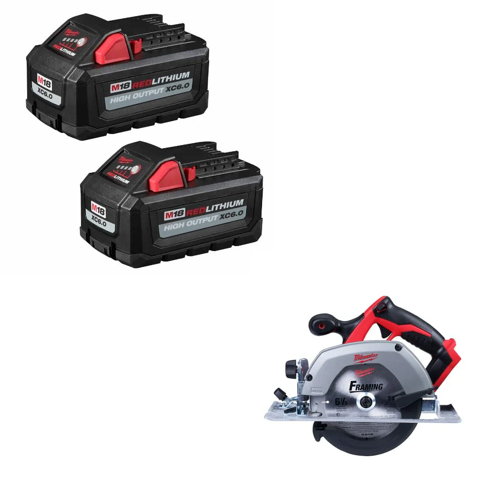 Milwaukee 48-11-1862 M18 XC6.0 Battery 2-Pack W/ FREE 2630-20 M18 Circ Saw, Bare - Moutools