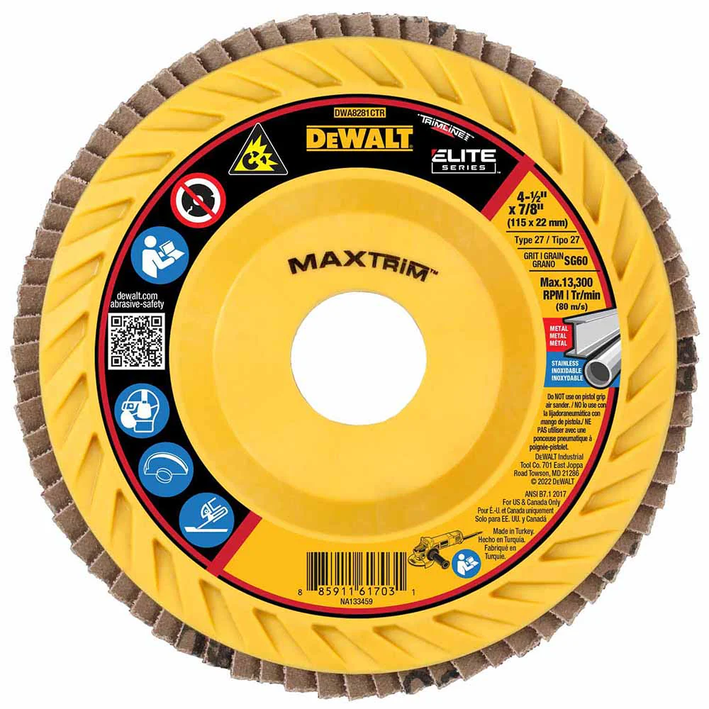 DeWalt DWA8281CTR ELITE SERIES 4-1/2 X 7/8 60G T27 Trimmable Flap Disc - Moutools