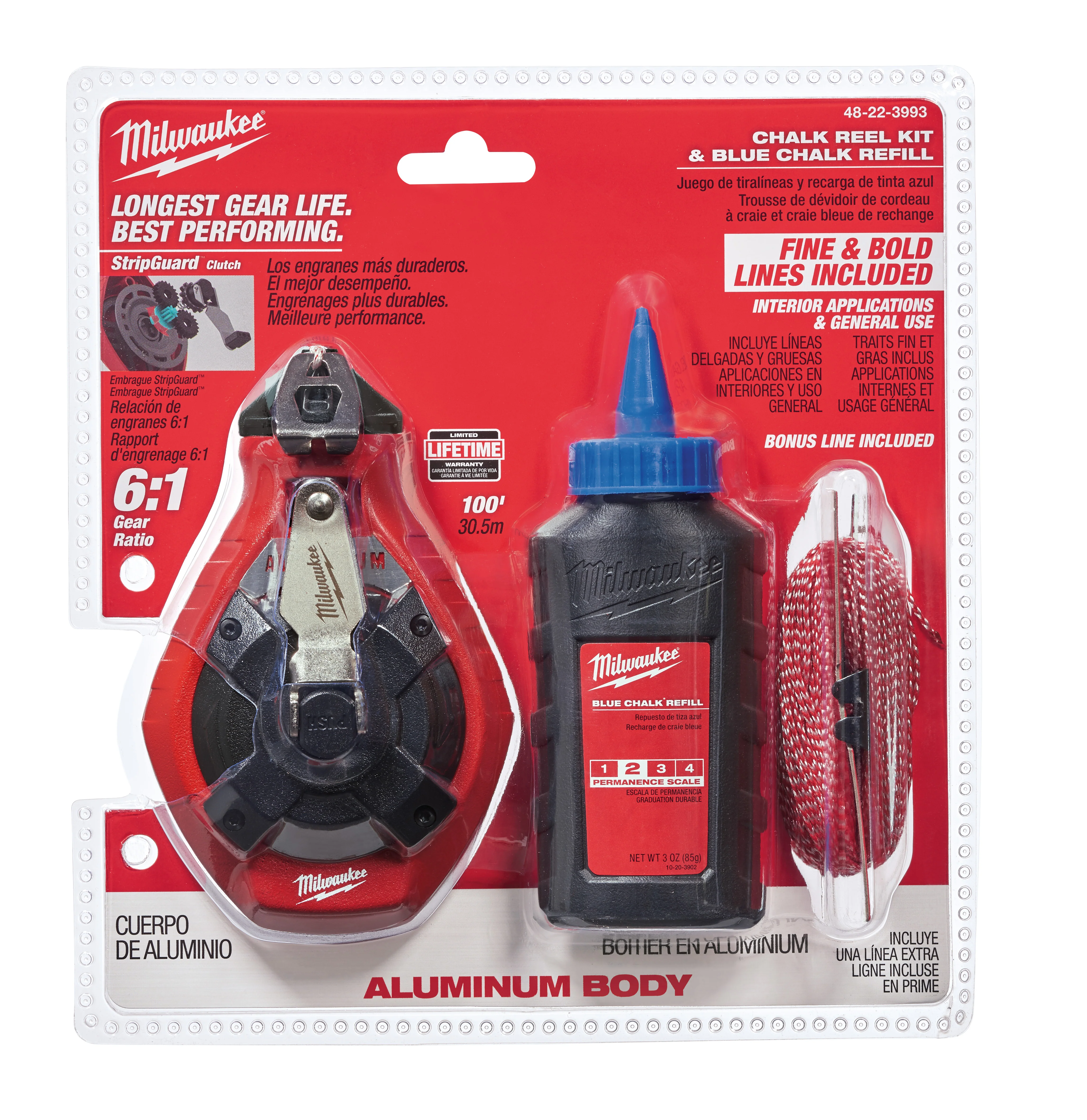 Milwaukee 48-22-3993 100 Ft. Precision Line Chalk Reel Kit with Bonus Bold Line and Blue Chalk - Moutools