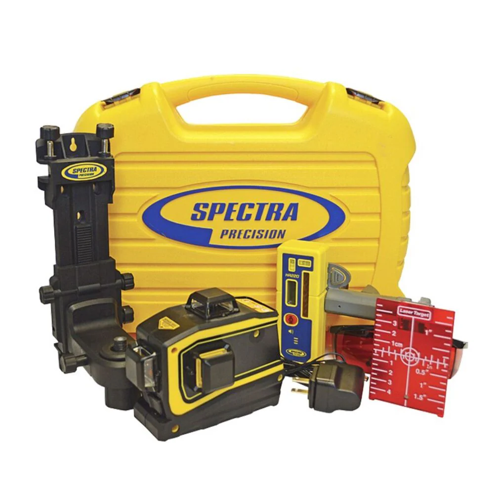 Spectra LT56-2 Plane Laser Layout Tool with HR220 Receiver, 3 Planes of 360, Universal Bracket - Moutools