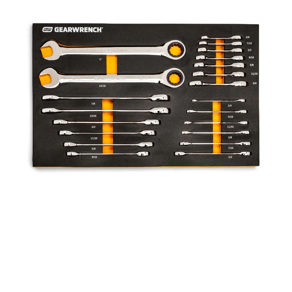 GearWrench 86526 21 Pc. 72-Tooth 12 Point SAE Standard & Stubby Combination Ratcheting Wrench Set with EVA Foam Tray - Moutools