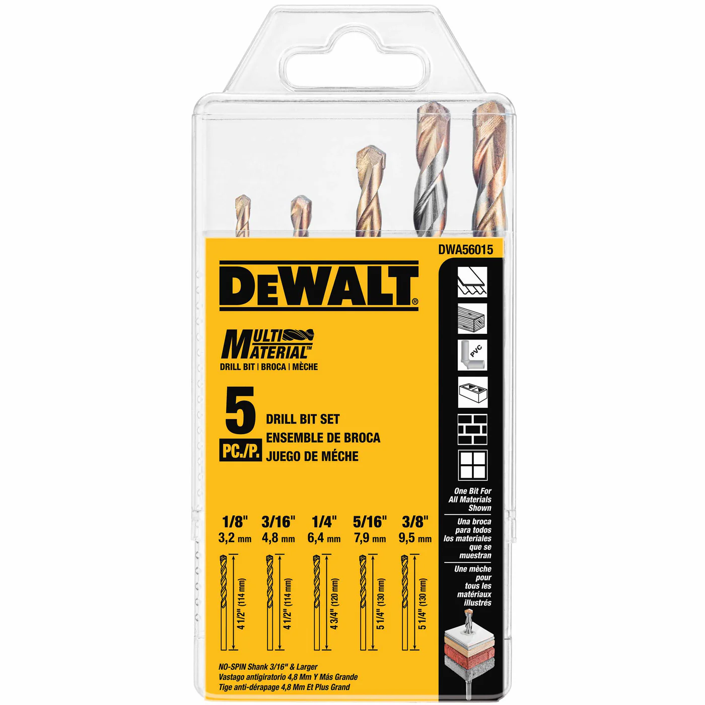 DeWalt DWA56015 5-Piece Multi-Material Drill Bit Set (1/4?, 3/16?, 1/8?, 5/16, 3/8?) - Moutools