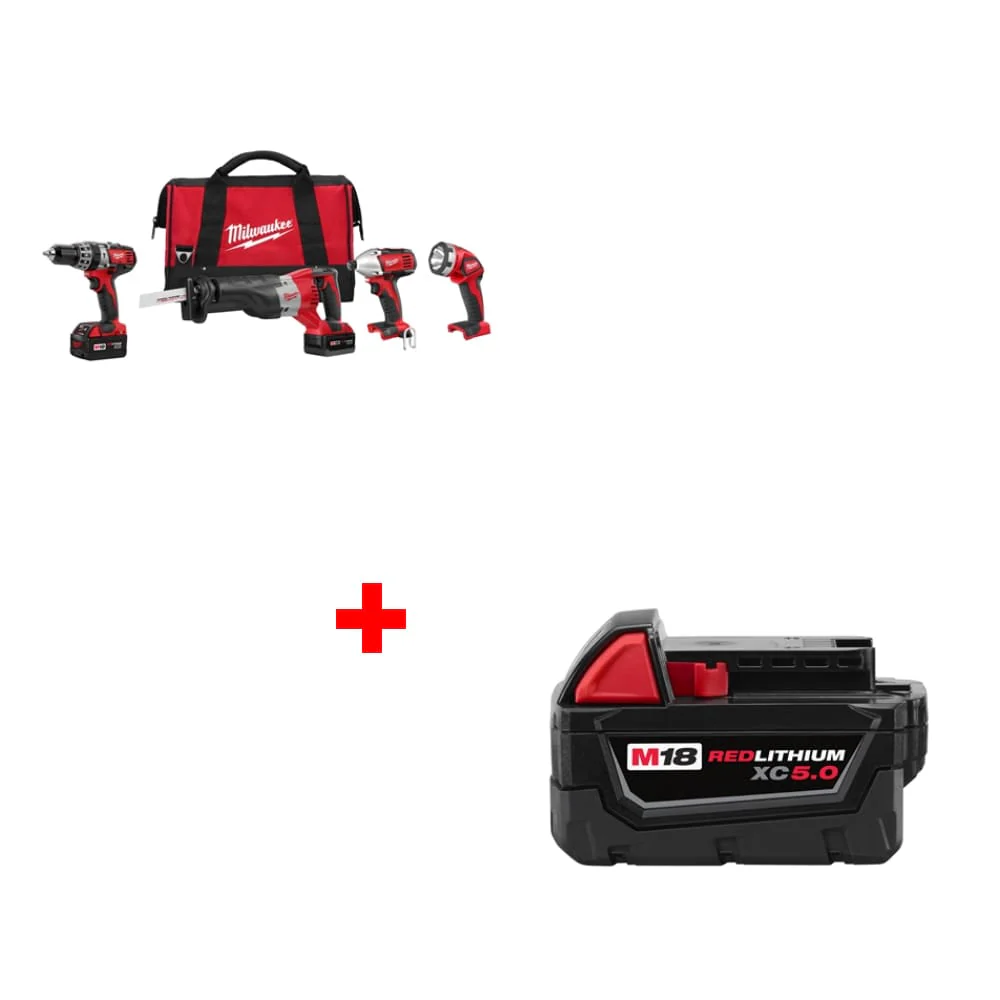 Milwaukee 2696-24 M18 4pc Combo Kit w/ Two 48-11-1850 M18 XC5.0 Batteries - Moutools