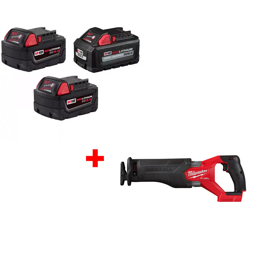Milwaukee 48-11-1856 M18 18V Battery 3-Pack W/ FREE 2821-20 M18 FUEL Recip Saw - Moutools