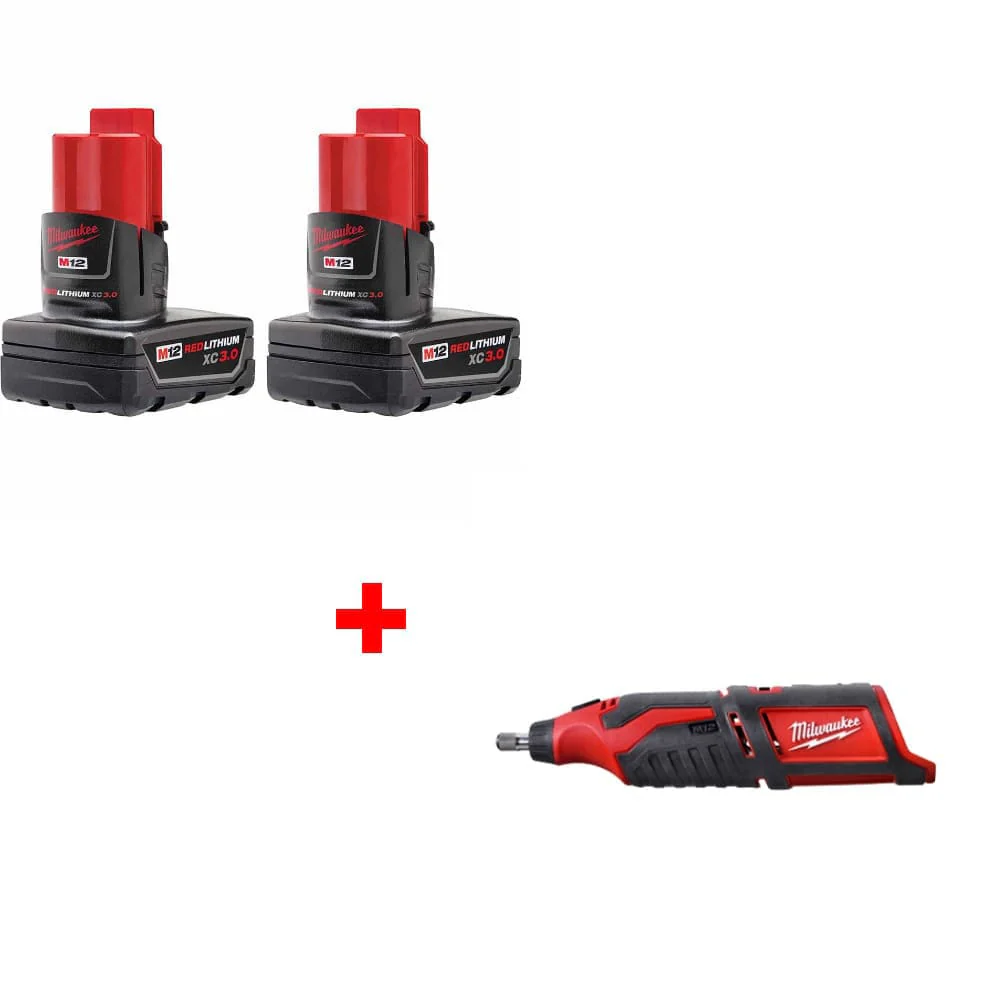 Milwaukee 48-11-2412 M12 XC Battery, 2Pk w/ FREE 2460-20 M12 Rotary Tool, Bare - Moutools