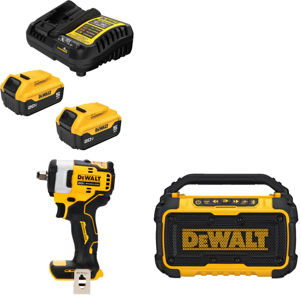 DeWalt DCB205-2C 20V Starter Kit W/ DCF911B 20V Impact Wrench & 12V/20V Speaker - Moutools
