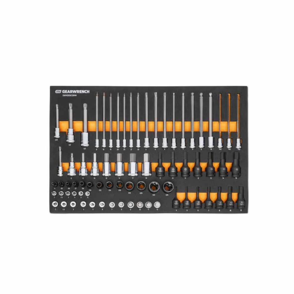 Gearwrench GWMSBSKCBMM 74 Piece 1/4”, 3/8”, 1/2” Drive Metric Bit Socket Set in Foam Storage Tray - Moutools