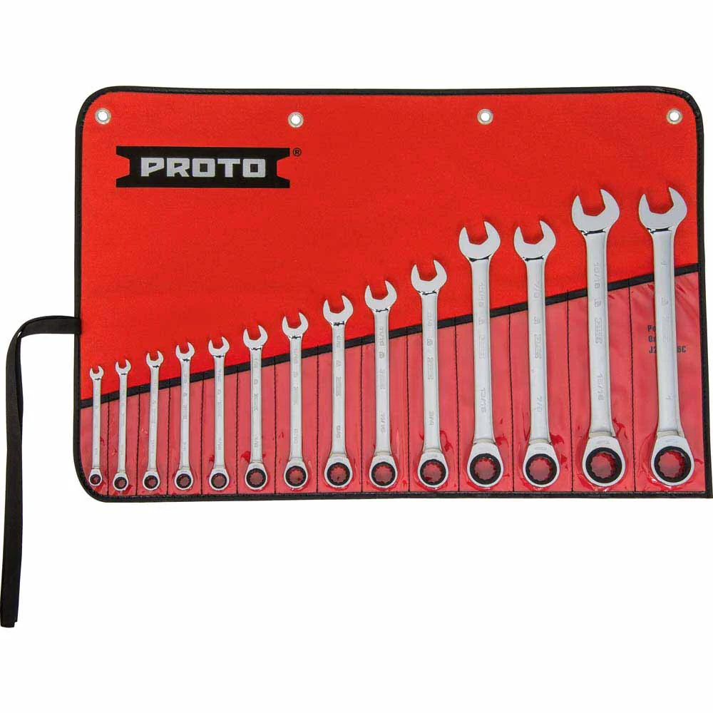 Proto JSCRT-14S 14-Piece Full Polish Combination Non-Reversible Ratcheting Wrench Set - 12 Point - Moutools