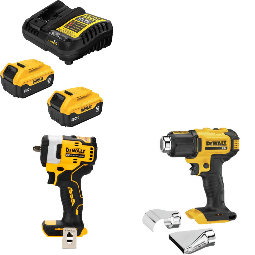 DeWalt DCB205-2C 20V Starter Kit W/ DCF913B 20V Impact Wrench & Heat Gun, Bare - Moutools