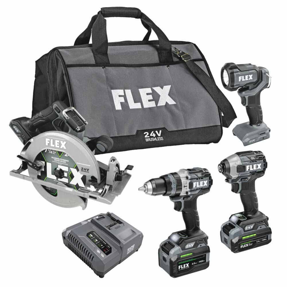 Flex FXM403-2G 4 Tool Combo Kit, Turbo Hammer Drill Driver, Impact Driver Quick Eject , 7 1-4 Circ Saw and Work Light, Stacked-Lithium - Moutools