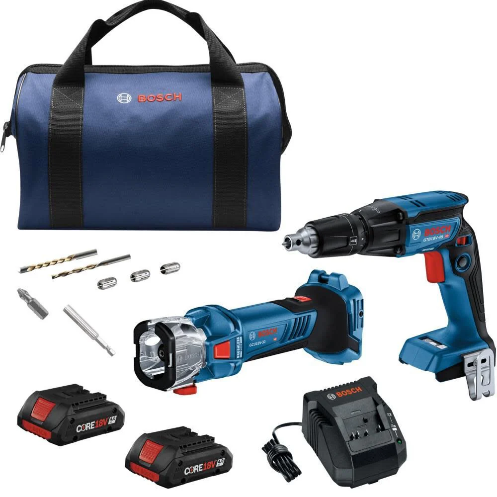 Bosch GXL18V-291B25 18V 2-Tool Brushless Combo Kit w/ Screwgun (GTB18V-45N), Cutout Tool (GCU18V-30N) w/ (2) 4.0 Ah CORE Compact Batteries - Moutools