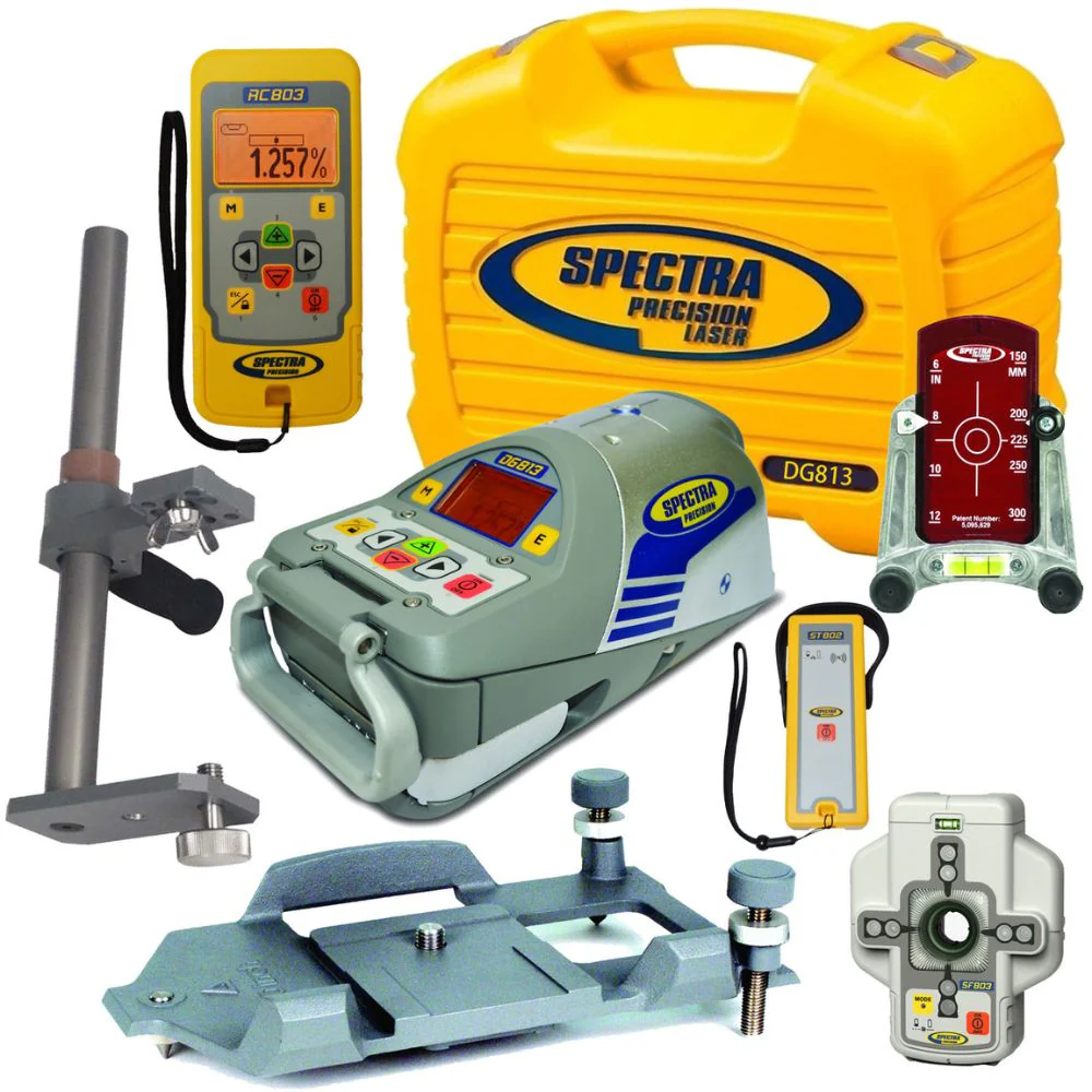 Spectra DG813-5 Pipe Laser with Dialgrade Graphic-Display, Large Pipe Plate, Vertical Pole, Remote, Spot Finder - Moutools