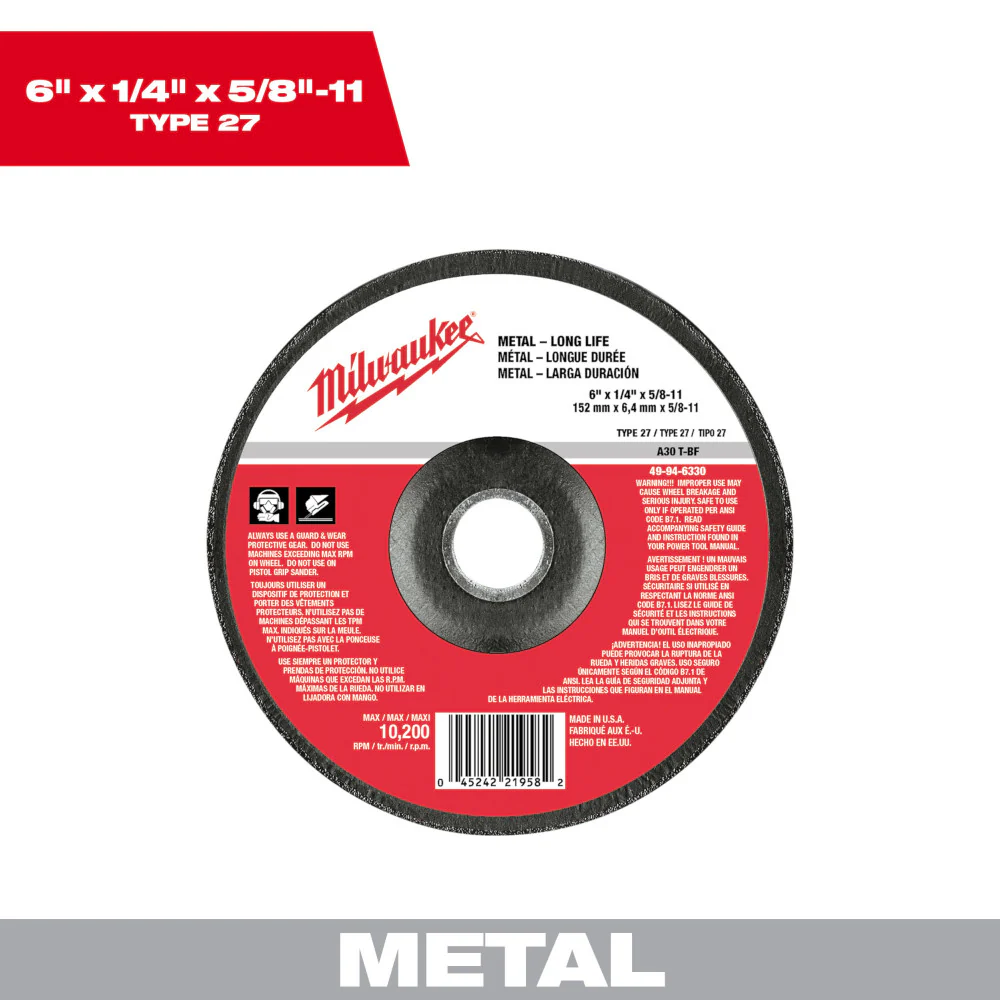 Milwaukee 49-94-6330 6 in. x 1/4 in. x 5/8-11 in. Grinding Wheel (Type 27) - Moutools