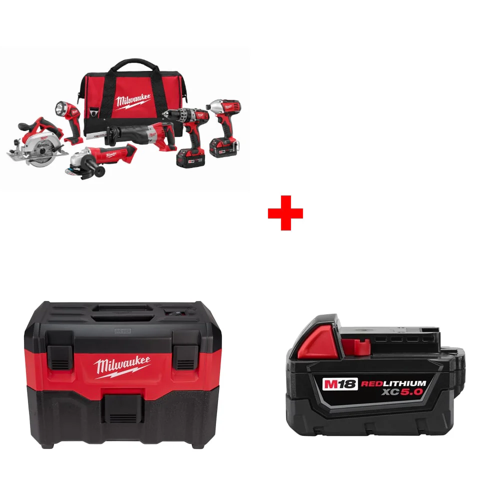 Milwaukee 2696-26 M18 6-Tool Combo Kit w/ FREE 0880-20 Wet/Dry Vacuum & Battery - Moutools