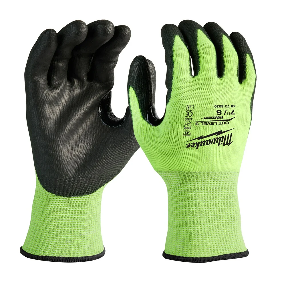 Milwaukee 48-73-8930 High Visibility Cut Level 3 Polyurethane Dipped Safety Gloves - Small - Moutools